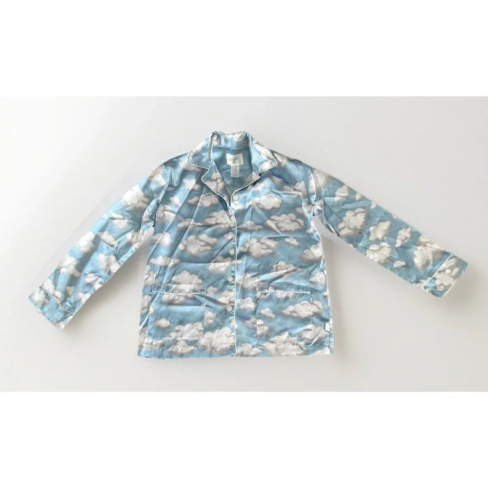 Nick and Nora Vintage Blue Cloud Print Satin Pajama Top Button Up Kids Sz M 7/8